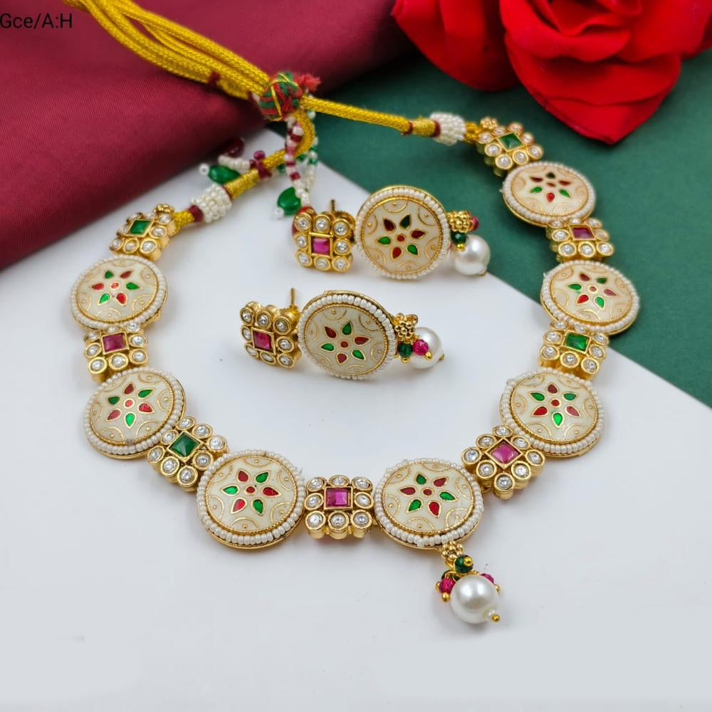 FS Collection Sparkling Pota Stone And Pearl Elegance Meenakari Necklace Set