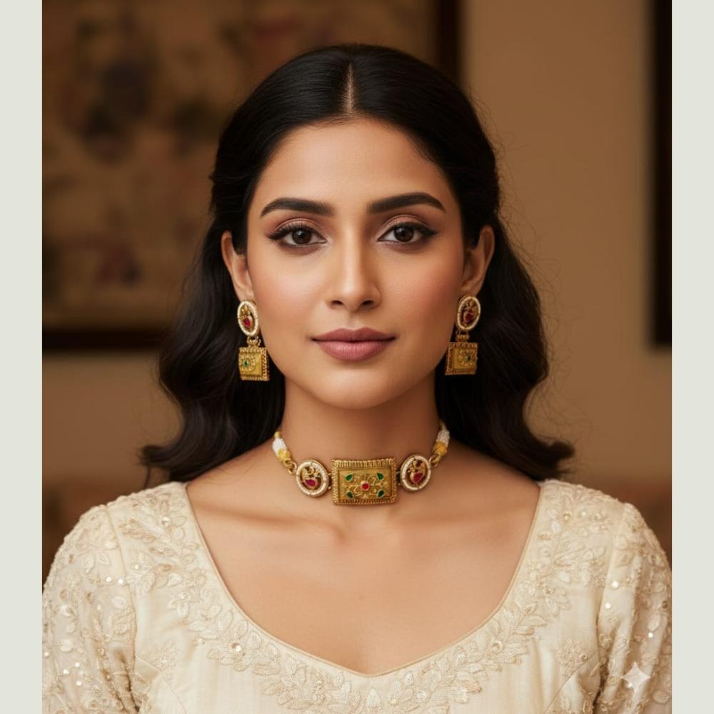 FS Collection Sparkling Pota Stone And Pearl  Necklace Set