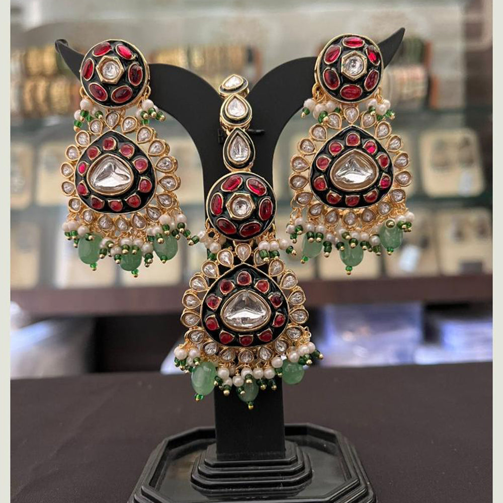 FS Collection Pota Stone And Beads Designer Dangler Earrings With Maangtikka