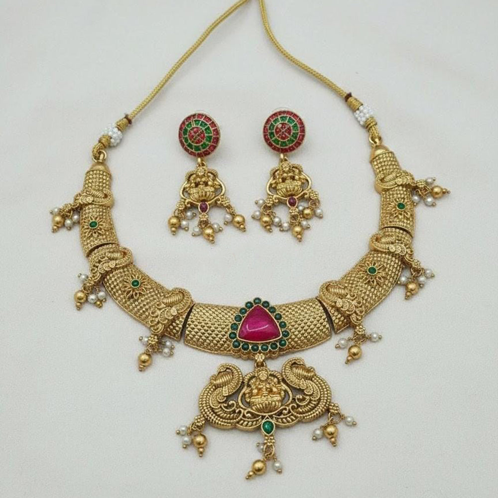FS Collection Ethnic Design Pota Stone And Pearl Temple Necklace Set