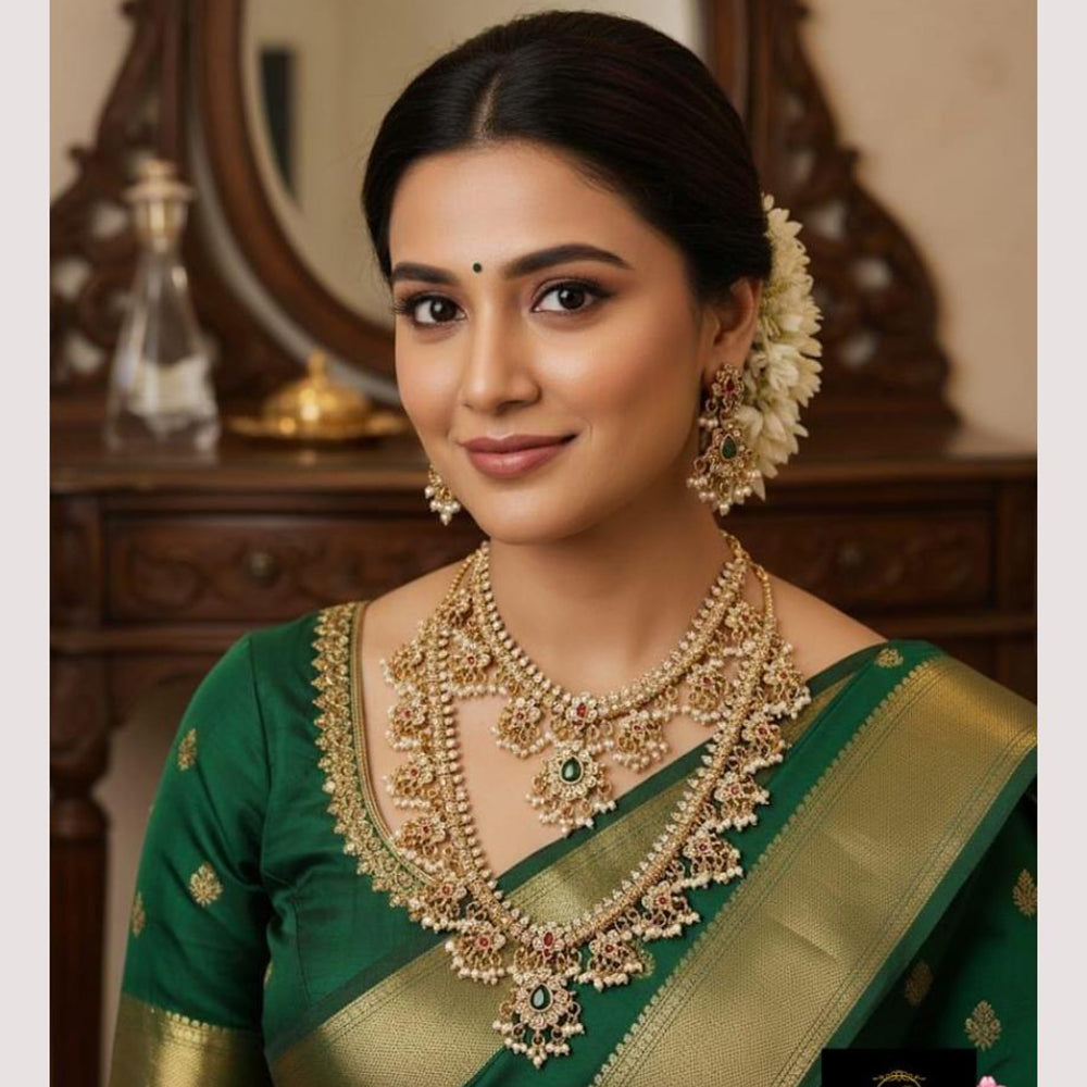 FS Collection Ethnic Design Pota Stone And Pearl Double Necklace Set