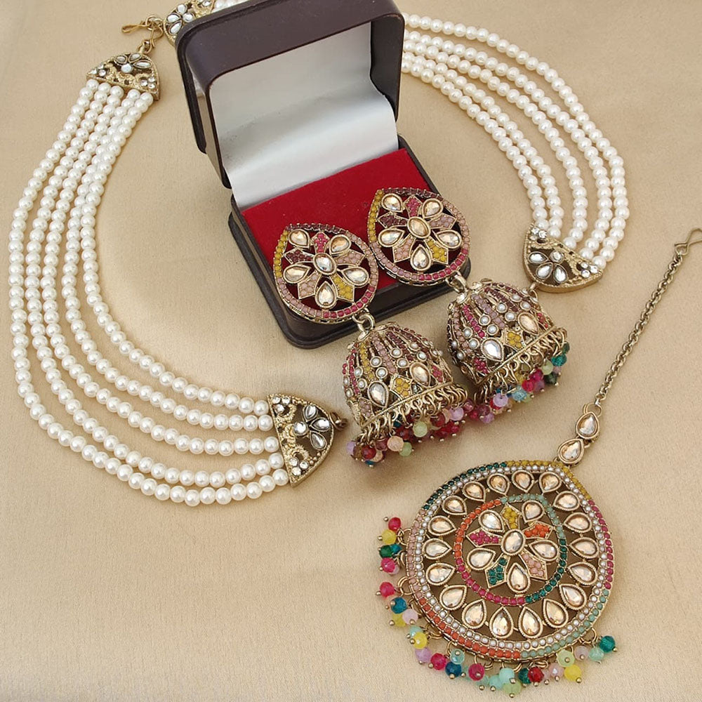 FS Collection Crystal Stone & Beads Jhumki Earrings with Maang Tikka Set