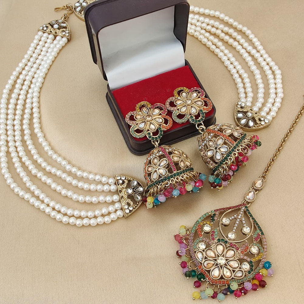 FS Collection Crystal Stone & Beads Jhumki Earrings with Maang Tikka Set