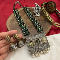 FS Collection Royal 2 Tone Plated Pota Stone Pearl And Long Necklace Set