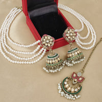 FS Collection Crystal Stone And Pearl Designer Jhumki Earrings With kanChain & Maang Tikka