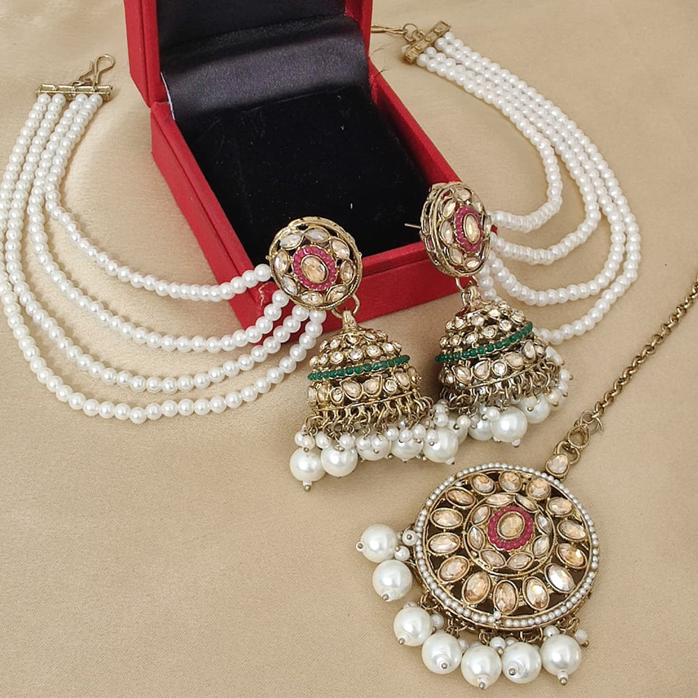 FS Collection Crystal Stone And Pearl Designer Jhumki Earrings With kanChain & Maang Tikka
