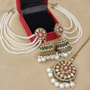 FS Collection Crystal Stone And Pearl Designer Jhumki Earrings With kanChain & Maang Tikka