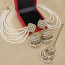 FS Collection Crystal Stone And Pearl Designer Jhumki Earrings With kan Chain & Maang Tikka