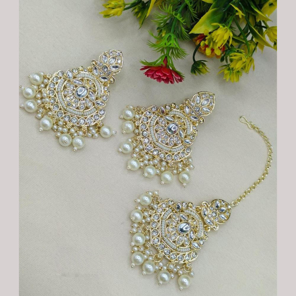 FS Collection Kundan Stone And Beads Dangler Earrings With Maangtikka