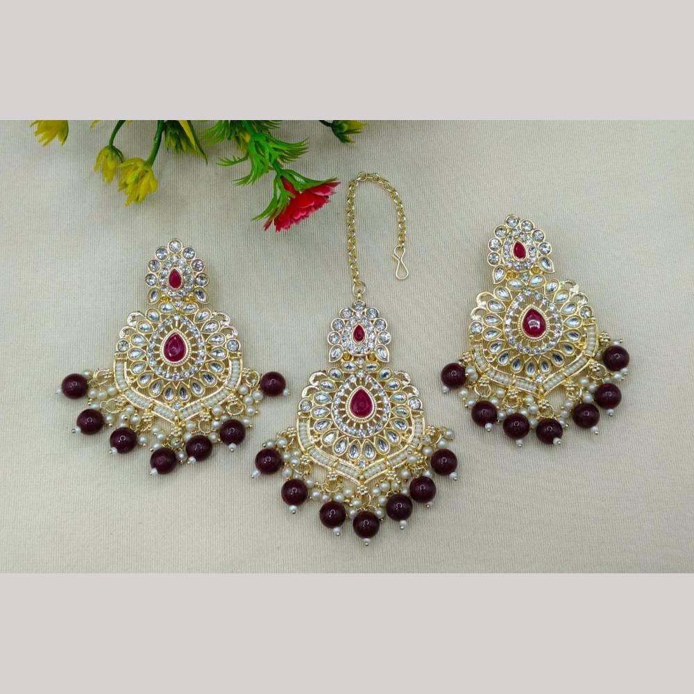 FS Collection Kundan Stone And Beads Dangler Earrings With Maangtikka