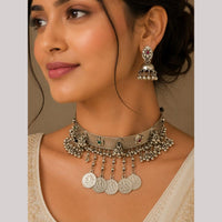 FS Collection Oxidised Plated Pota Stone And Pearl Choker Necklace Set
