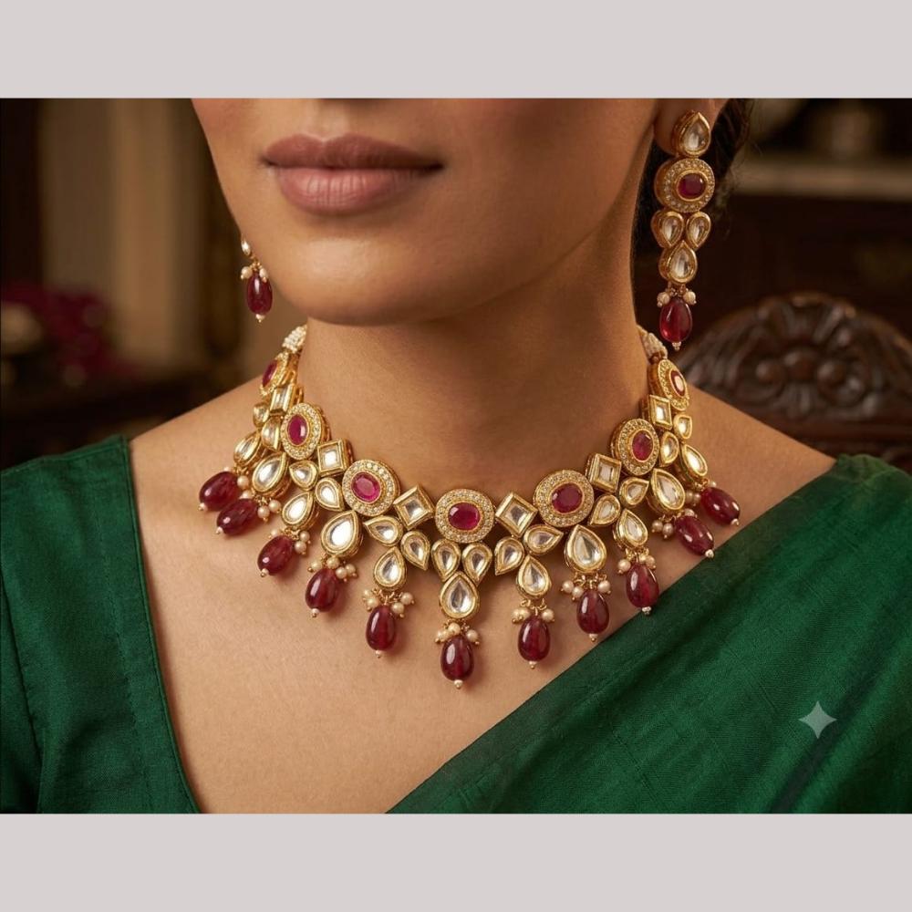 FS Collection Luxury Kundan Stone And Beads Choker Necklace Set