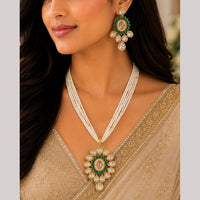 FS Collection Ethnic Gold Plated Kundan Stone And Pearl Chain Pendant Set