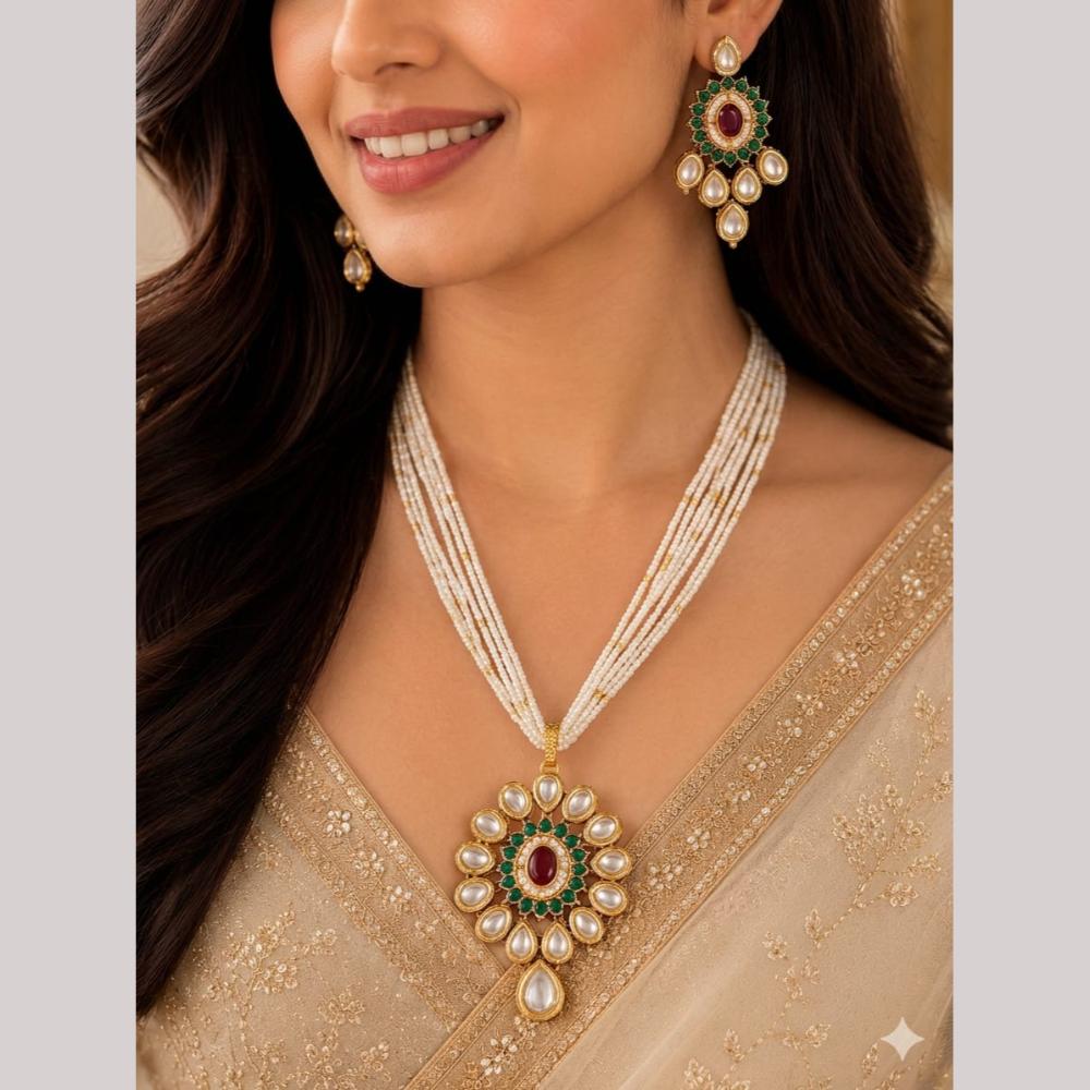 FS Collection Ethnic Gold Plated Kundan Stone And Pearl Chain Pendant Set