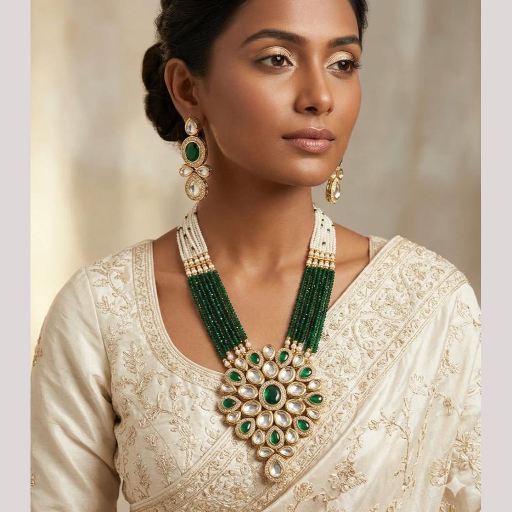 FS Collection Elegant Kundan Stone And Pearl Long Necklace Set