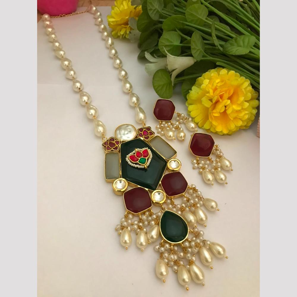 FS Collection Pota Stone And Mother Of Pearls Long Necklace Set