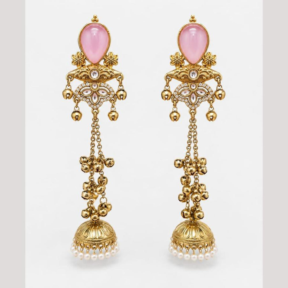 FS Collection Antique Style Pota Stone And Pearl Ghungroo Kashmiri Jhumki Earrings