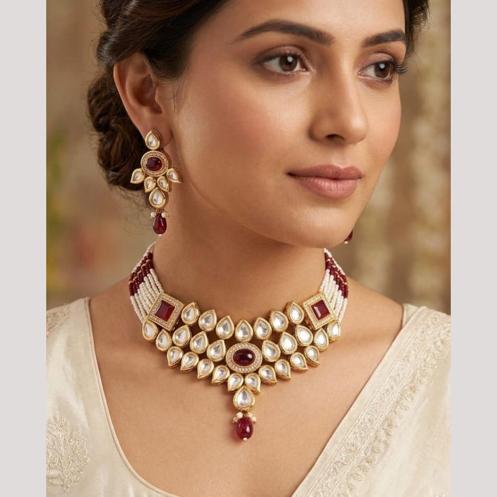 FS Collection Premium Kundan Stone And Pearl Choker Necklace Set