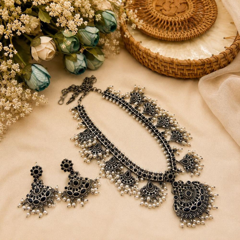 FS Collection Vintage Oxidised Plated Pota Stone Necklace Set for Women & Girls