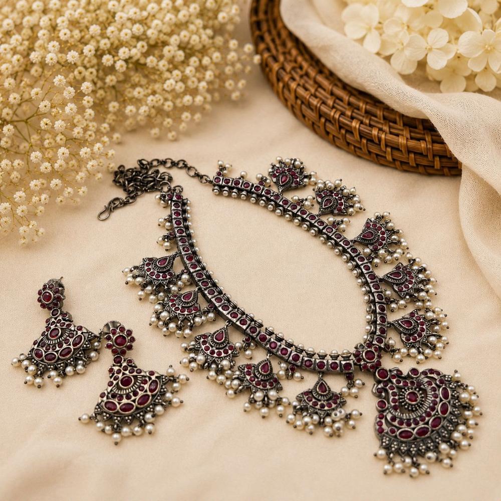 FS Collection Vintage Oxidised Plated Pota Stone Necklace Set for Women & Girls