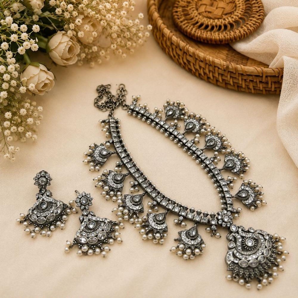 FS Collection Vintage Oxidised Plated Pota Stone Necklace Set for Women & Girls