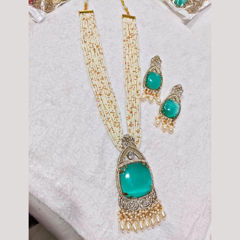FS Collection Sparkling American Diamond And Pearl Long Necklace Set