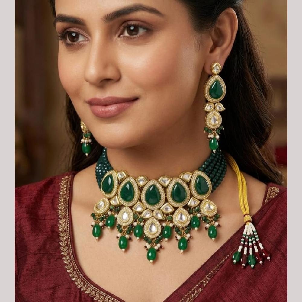 FS Collection Elegant Kundan Stone And Beads Choker Necklace Set