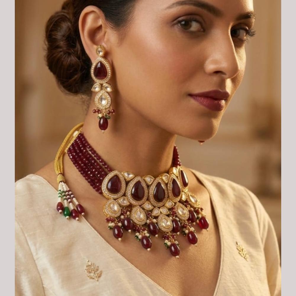 FS Collection Elegant Kundan Stone And Beads Choker Necklace Set
