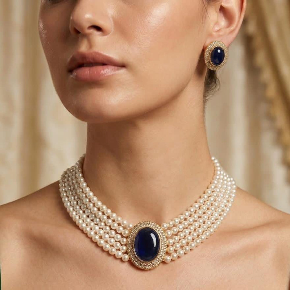 FS Collection Elegant Pota Stone And Pearl Choker Necklace Set