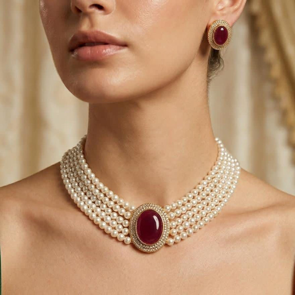 FS Collection Elegant Pota Stone And Pearl Choker Necklace Set