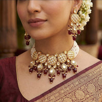 FS Collection Classic Kundan Stone And Beaded Choker Necklace Set