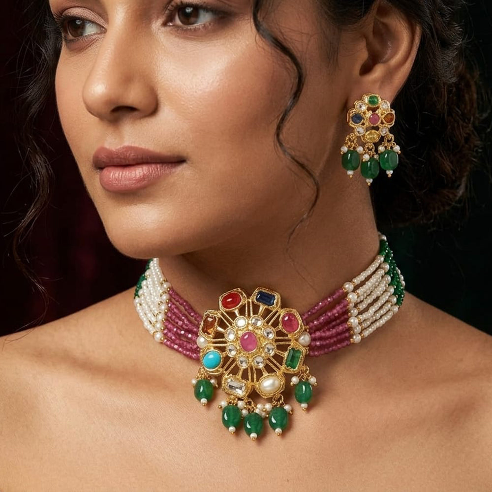 FS Collection Classic Pota Stone And Beaded Choker Necklace Set