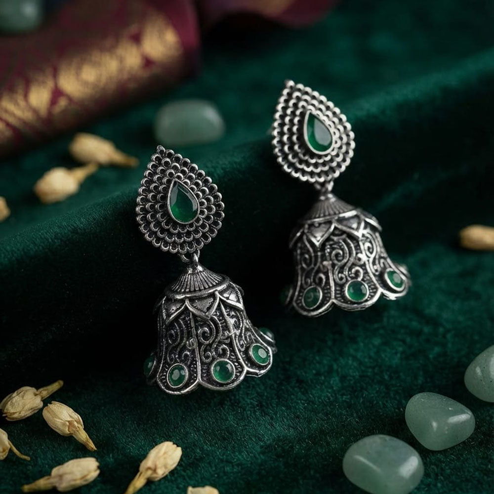 FS Collection Ethnic Oxidised Pota Stone Jhumki Earrings