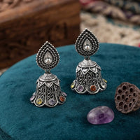 FS Collection Ethnic Oxidised Pota Stone Jhumki Earrings