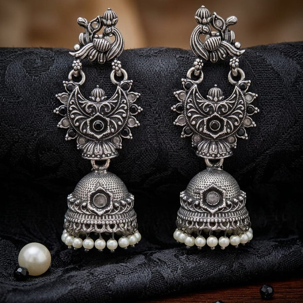 FS Collection Ethnic Oxidised Pota Stone Jhumki Earrings