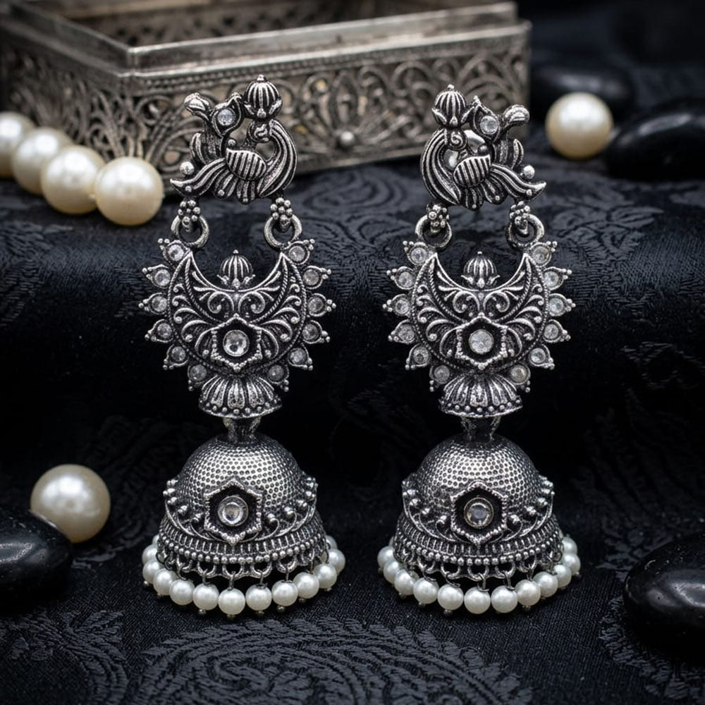 FS Collection Ethnic Oxidised Pota Stone Jhumki Earrings