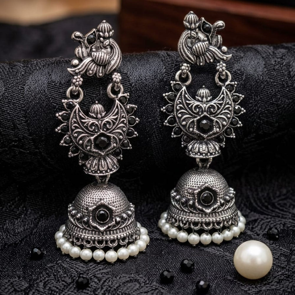 FS Collection Ethnic Oxidised Pota Stone Jhumki Earrings