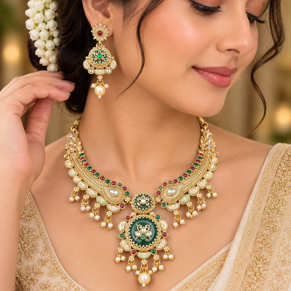 FS Collection Elegant Pota Stone Pearl And Beads Meenakari Necklace Set
