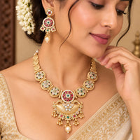 FS Collection Elegant Pota Stone Pearl And Beads Meenakari Necklace Set