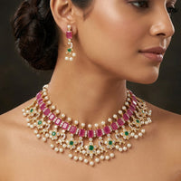 FS Collection Premium Pota Stone And Pearl Choker Necklace Set