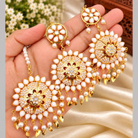 FS Collection Kundan Stone And Beads Dangler Earrings With Maangtikka