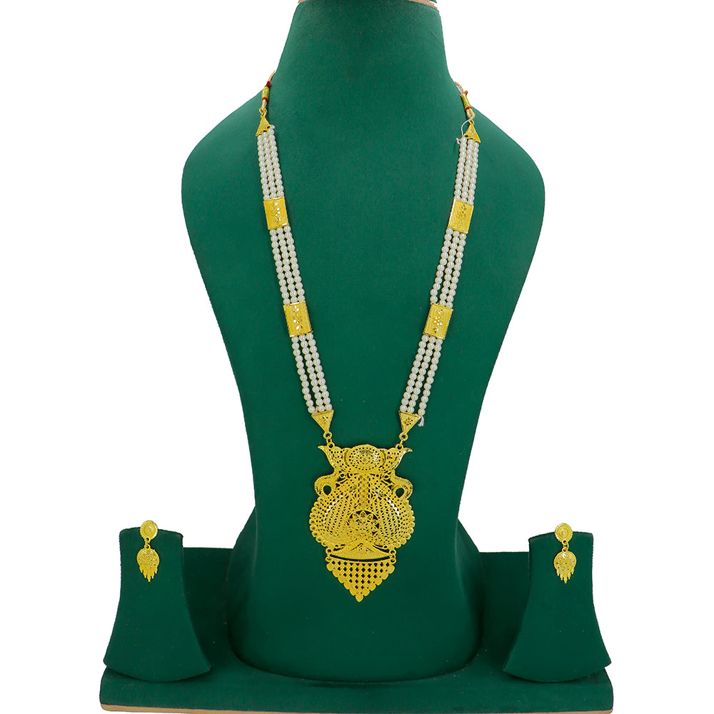 Mahavir Gold Plated Pearls Long Necklace Set