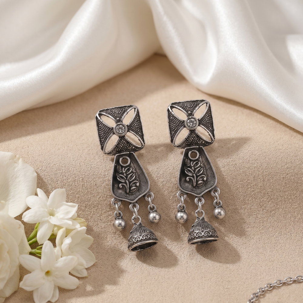 Urthn Antique Oxidised Silver Stone Jhumka Earrings(Pack of 6)