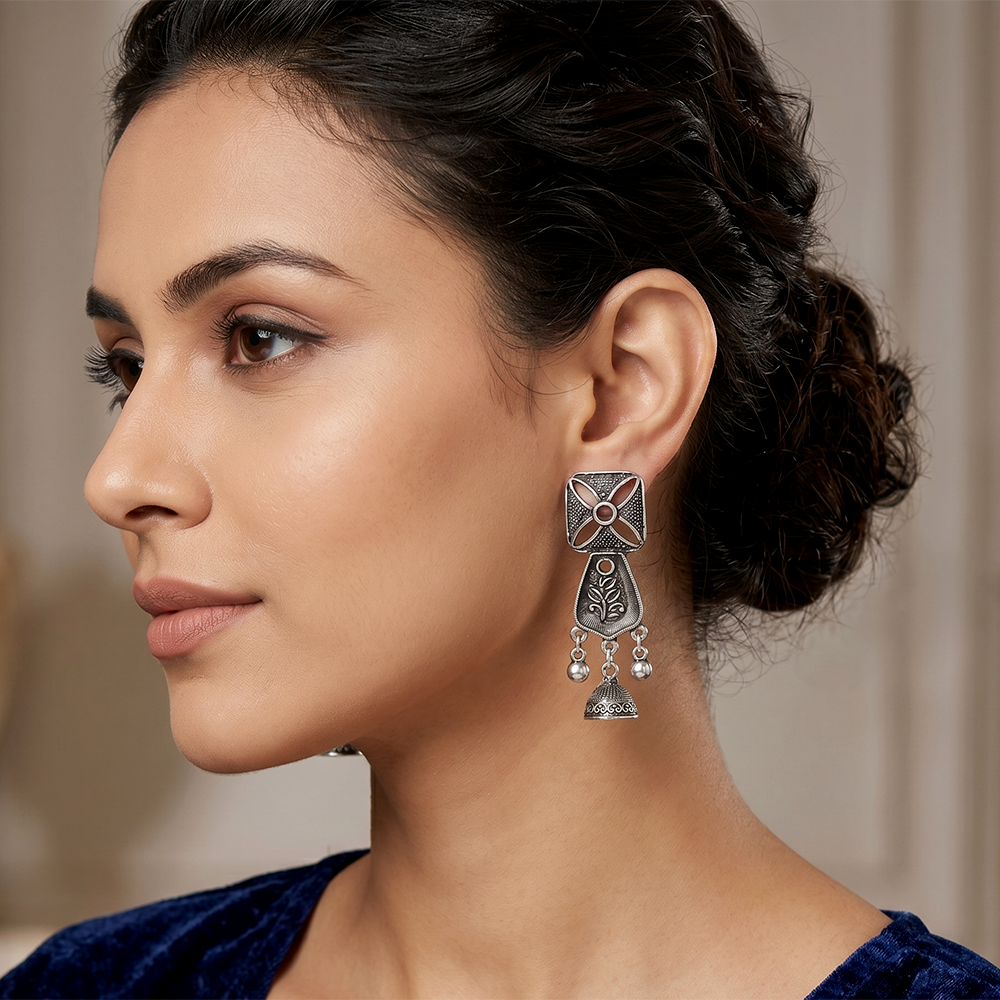 Urthn Antique Oxidised Silver Stone Jhumka Earrings(Pack of 6)