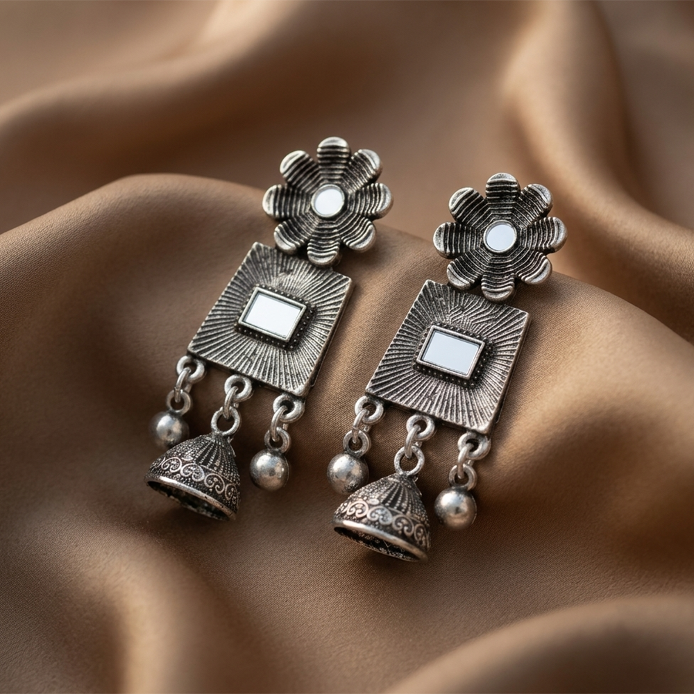 Urthn Antique Silver-Toned Oxidised Dangler Earrings(Pack of 6)