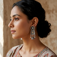 Urthn Antique Silver-Toned Oxidised Dangler Earrings(Pack of 6)