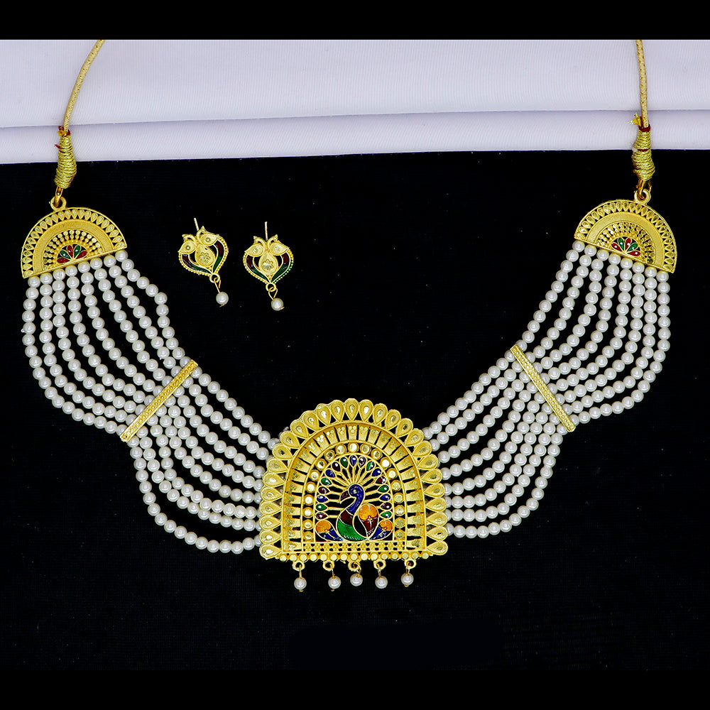 Mahavir Gold Plated Pearls Meenakari Necklace Set