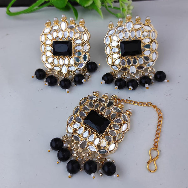Raj Creations Gold Plated Mirror And Beads Earrings With Mangtikka