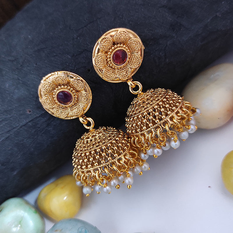 Raj Creations Gold Plated Pota Stone Pearl Jhumki Earrings