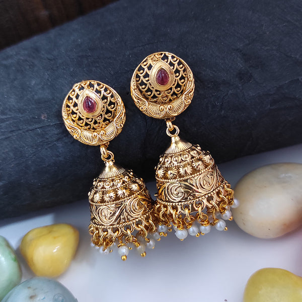 Raj Creations Gold Plated Pota Stone Pearl Jhumki Earrings